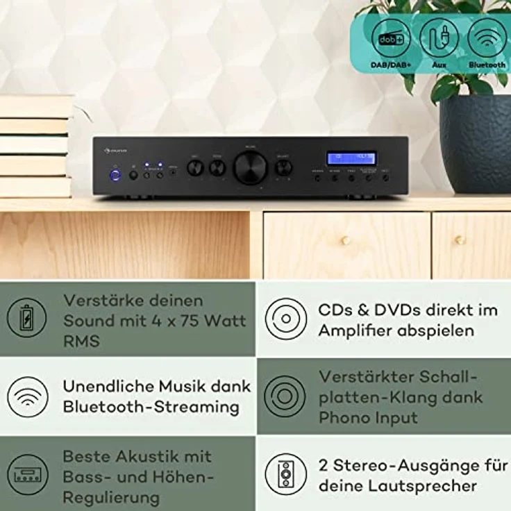 Auna AMP-CD608 DAB Audioverstärker, 4-Kanal Digital Bluetooth HiFi Stereo Verstärker mit 400 W und DAB+ Radio – Bild 2