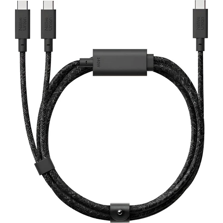 Native Union USB-C auf 2x USB-C Kabel, 140W Belt, 2m, Schwarz – Langlebigkeit mit Polyamidverstärkung und bis zu 480 Mbps Datenübertragung