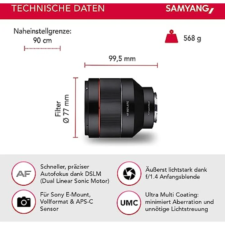 Samyang AF 85 mm -F1.4 Sony FE - 85mm Portrait Festbrennweite Autofokus Vollformat Objektiv für Sony Alpha spiegellose Systemkameras, Vollformat und APS-C Kameras mit Sony E Mount, FE Mount – Bild 4