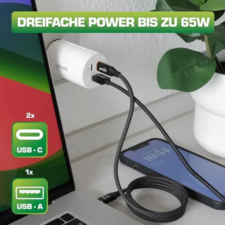 InLine USB Ladegerät 3-Port, PD3.0, QC 3.0, 65W, GaN Technologie, für MacBook Pro/Air, iPhone/Pro/Mini, iPad Pro, Pixel, weiß – Bild 3