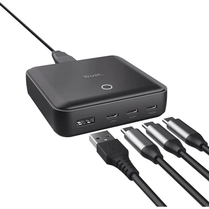 Trust Maxo 100W 4 Port USB C Ladegerät, Schnellladegerät für Büro Mobile iPhone iPad Tablet Laptop, nachhaltiges Design, 1,5 m Netzkabel