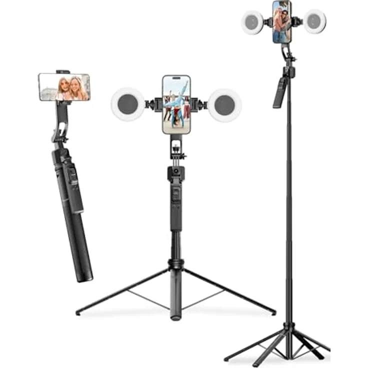 Rollei Easy Creator Quadpod, Handy Stativ mit 360° Rotation, automatischer Gesichtsverfolgung, 163 cm, mit Licht und Fernbedienung für Vlogs und Selfies