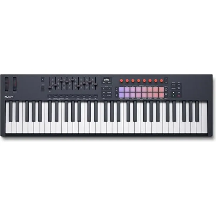 Novation FLkey 2 61, USB MIDI-Keyboard mit 61 halbgewichteten Tasten, 9 Fadern, 16 Pads und integrierten Arpeggiator, schwarz