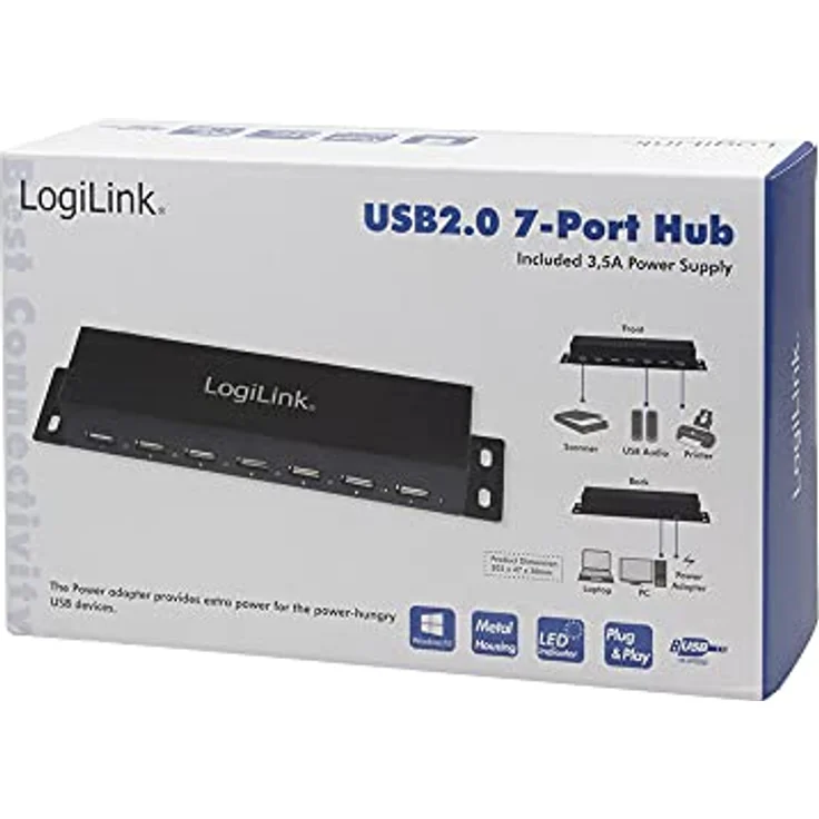 LogiLink UA0148 USB 2.0 HUB 7-Port, incl. Power Display, Full Metal Housing – Bild 4