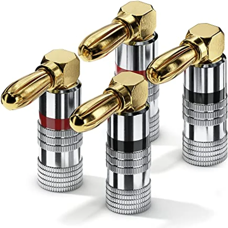 conecto Bananenstecker 4er-Set, 90° gewinkelter Stecker, für alle Lautsprecherkabel mit einem Durchmesser bis max. 6mm², 4 Stück mit Farbcodierung (2x rot, 2x schwarz), 24kt vergoldet – Bild 5
