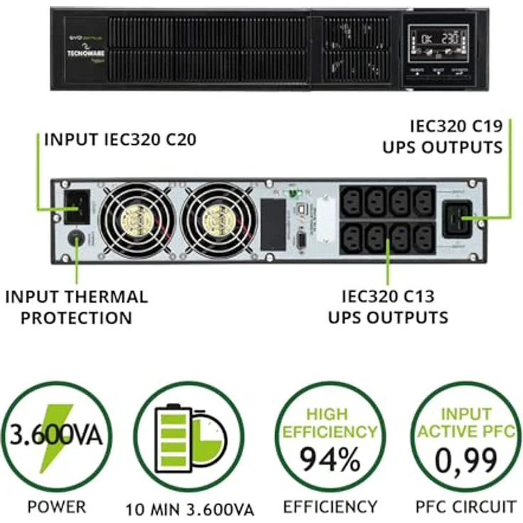 Tecnoware USV EVO DSP PLUS 3600 Unterbrechungsfreie Stromversorgung - Online-Technologie, Installation Tower - 8 IEC-Ausgänge - Autonomie bis zu 40 min - Leistung 3600 VA, Schwarz – Bild 2