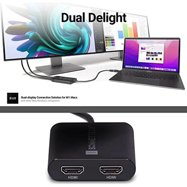 SoNNeT Dual 4K HDMI 2.0 Adapter für M1 Macs, USB-A auf USB-C, Anschluss für zwei 4K Monitore@60Hz – Bild 2