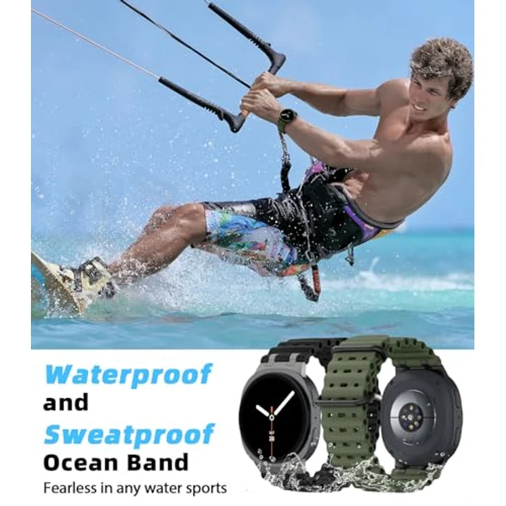 MoKo Ocean Armband für Samsung Galaxy Watch 8 (40mm, 44mm) und Galaxy Watch 8 Classic (46mm), Atmungsaktives Silikon mit Metallverbindern, Schwarz/Armeegrün – Bild 5