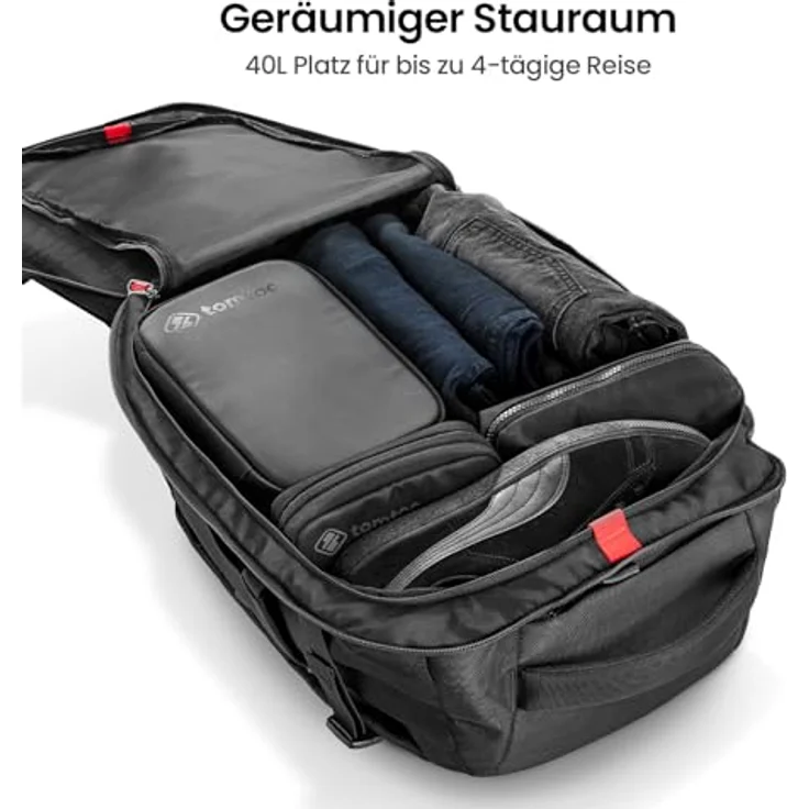 tomtoc 40L Reiserucksack, TSA Freundlich Handgepäck Rucksack Travel Backpack für 15,6-17 Zoll Laptop, Flug Genehmigt Bordgepäck Wasserabweisend Kabinenrucksack für Reise Weekender Trip, schwarz – Bild 2