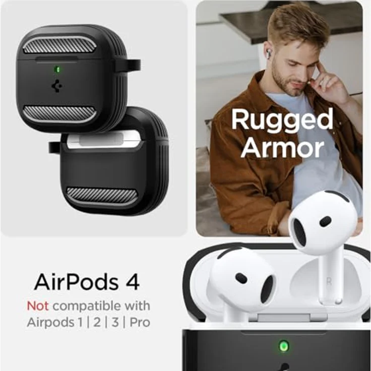 Spigen Rugged Armor Hülle Case kompatibel mit AirPods 4 (2024) - Matt Schwarz, TPU Hülle mit Karabiner und kabellosem Laden – Bild 2