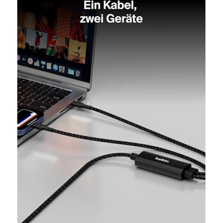Belkin BoostCharge Pro 2-in-1 USB-C auf USB-C Ladekabel 140 W, geflochtenes Kabel mit Smart Power Sharing und 1,5 m Länge, schwarz – Bild 2
