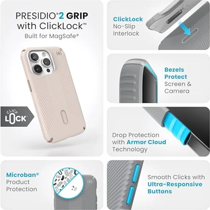 Speck iPhone 15 Pro Hülle Presidio2 Grip – ClickLock, rutschfest, MagSafe-kompatibel, Fallschutzgriff, Soft Touch, 6,1 Zoll, Bleached Bone/Erbstück Gold/Haselnussbraun – Bild 3