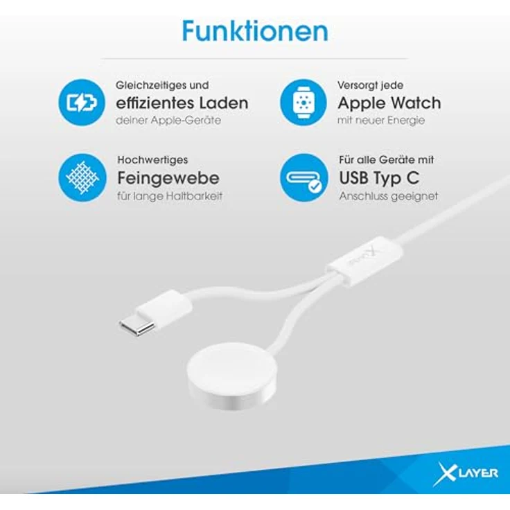 Xlayer 2-in-1 feingewebtes Kabel mit USB Typ C & Apple Watch Charger 1.5m, Ladekabel für Apple, Android sowie Smartphone und Tablet, White – Bild 5