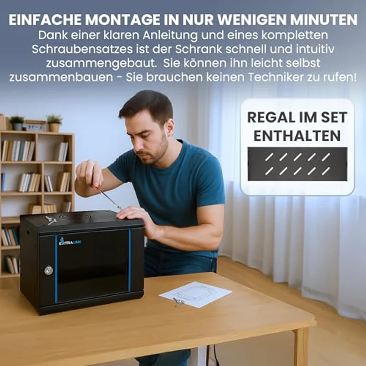 Extralink Serverschrank 19 Zoll 4HE, Netzwerkschrank schwarz mit 400mm Tiefe, Traglast 60 kg, inkl. praktischer Regale, Wand- oder Standmontage – Bild 5