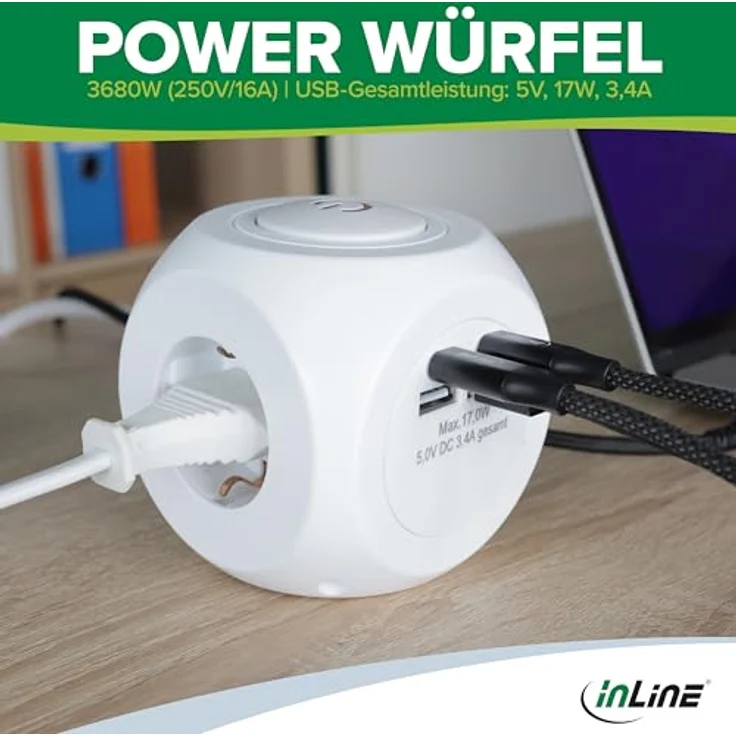 InLine 7-in-1 Steckdosenwürfel mit USB, Charging Cube, 3X Schutzkontakt, 2X USB-C, 2X USB-A, mit Schalter, 2m Kabel, Steckdosenleiste, Mehrfachstecker, Tischsteckdose, 3680W, weiß – Bild 4