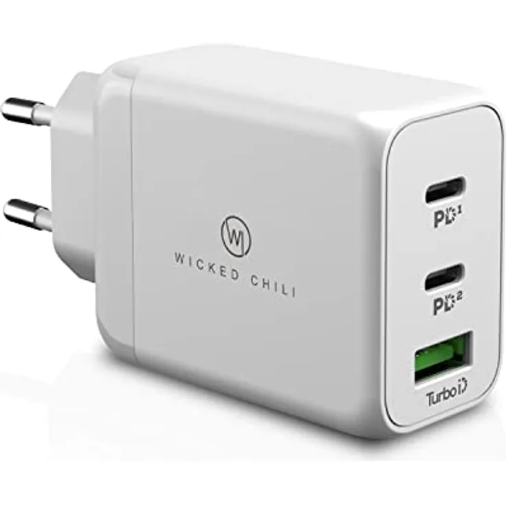 Wicked Chili 65W USB-C GaN Ladegerät, 3-Port Netzteil mit Dual USB-C und USB-A Anschluss, kompatibel mit Microsoft Surface Laptop, Surface Book, Surface Go und Surface Pro, schwarz/weiß
