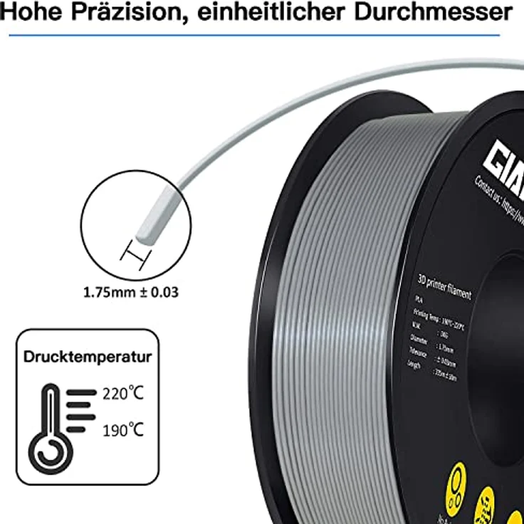 GIANTARM PLA Filament 1.75mm, 1kg 3D Druckmaterial, Grau, Maßgenauigkeit +/- 0,02mm, umweltfreundlich – Bild 3