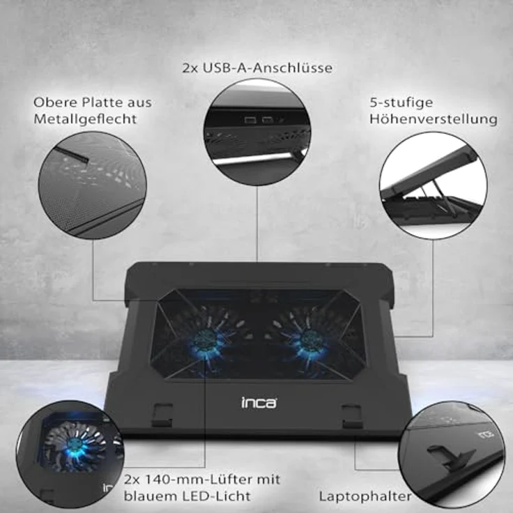 İnca INC-321RX Laptop Kühler, Cooling Pad für 7-17 Zoll, 2 leise Lüfter mit blauen LEDs, höhenverstellbar, Anti-Rutsch-Design, 2 USB-Ports, schwarz – Bild 5