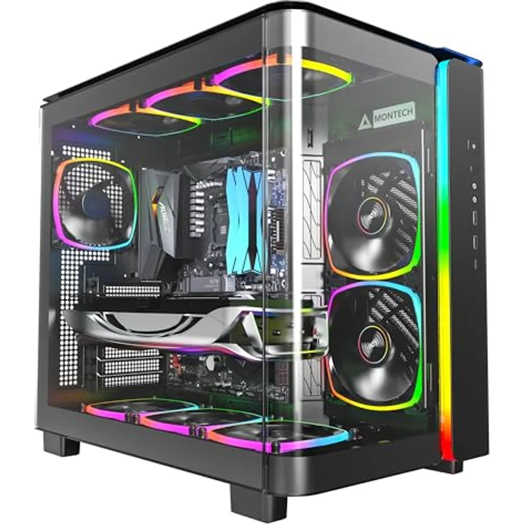 Montech King 95 PRO Dual-Chamber ATX Mid-Tower PC-Gaming-Gehäuse, gebogene gehärtete Glasfront, hoher Luftstrom, sechs ARGB PWM Lüfter, Schwarz – Bild 2