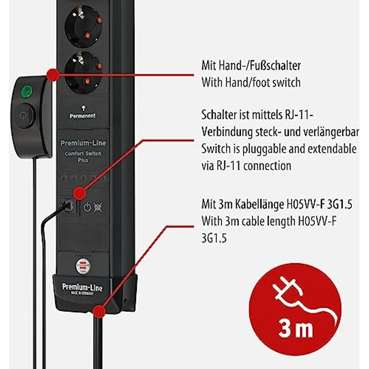 Brennenstuhl, Steckdosenleiste Premium-Line Comfort Switch Plus, 6-fach Schalter, 3m Kabel, erhöhter Berührungsschutz – Bild 3