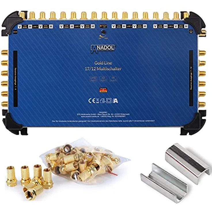 [Test 2X SEHR GUT*] Anadol Gold Line 17/12 Multischalter - für 4 Satelliten & 12 Teilnehmer - Sat Switch, sparsam Multiswitch - Digital, 4K UHD, externes Netzteil + Aufdrehhilfe + 29 F-Stecker – Bild 1