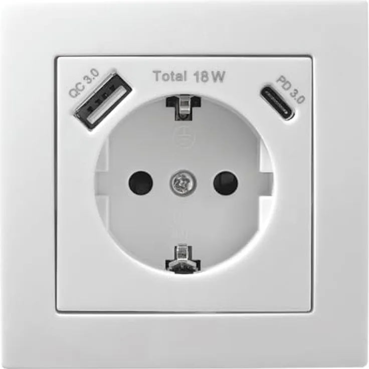 McPower FLAIR Unterputz Steckdose, 1x USB-C 18W Quickcharge, 1x USB-A, Einsteckschutz, weiß matt