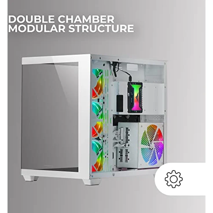 Mars Gaming MCV4 Weiß, Custom XXL E-ATX Gaming Tower, Rahmenloses Front und Seitenfenster Gehärtetem Glas, Modularer Doppelkammerrahmen – Bild 5