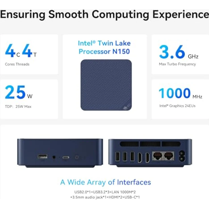 Beelink Mini PC EQ14, Intel Twin Lake-N150 Prozessor (bis zu 3.6GHz), 16GB DDR4 500GB M.2 SSD Office Mini Computer, Dual Gigabit Ethernet/Dual HDMI/WiFi 6/BT5.2 – Bild 5