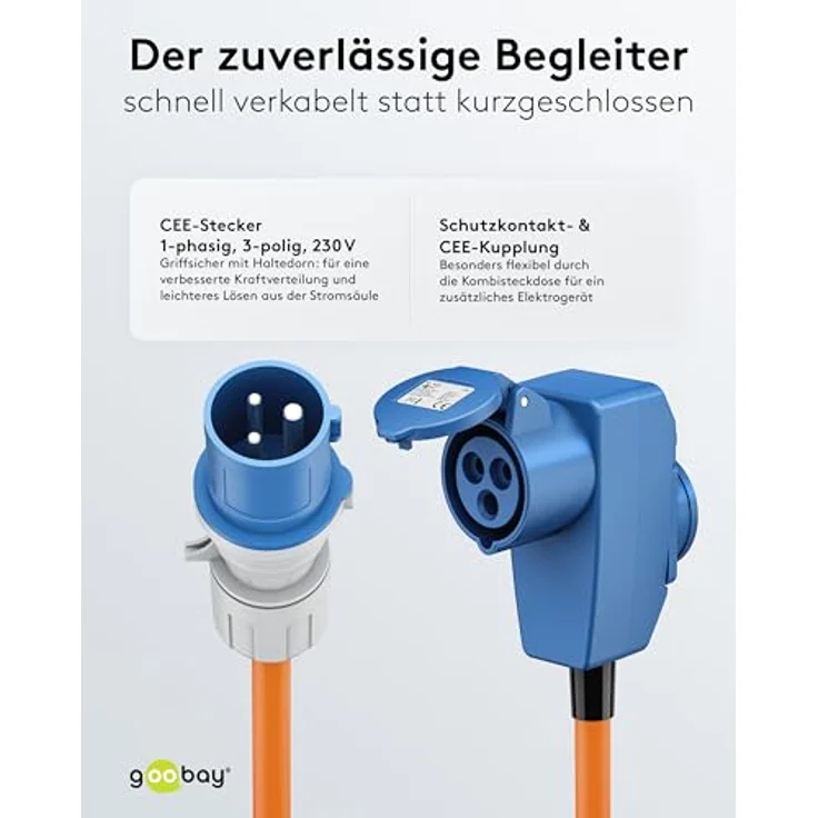 Goobay Camping Adapterleitung 1,5 m orange, CEE-Verlängerungskabel, öl- und UV-beständig, 3-fach Anschlussbuchse, IP44 Schutzart – Bild 6