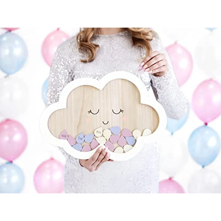 PartyDeco Gästebuch aus Holz 30.5x43cm in Wolkenform mit Tropfen zum beschriften für Hochzeit Geburtstag weiß bunt – Bild 5