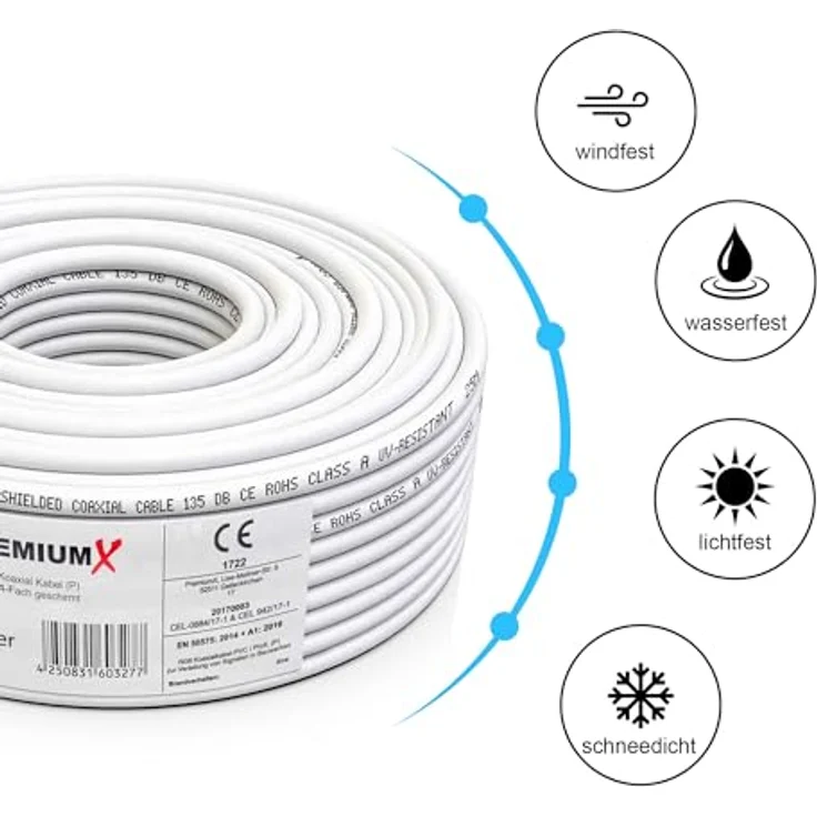 Premium X 50m Profi Koaxialkabel, Kupfer 135dB, 4-Fach SAT Antennenkabel für DVB-S / S2, DVB-C, DVB-T, ideal für 4K UltraHD UHD und HDTV – Bild 4