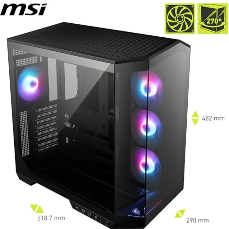MSI MAG PANO 100R PZ, Midi-Tower PC-Gehäuse in Schwarz mit gehärtetem Glas und RGB-Beleuchtung, ATX-kompatibel, inkl. 3 Lüfter – Bild 2