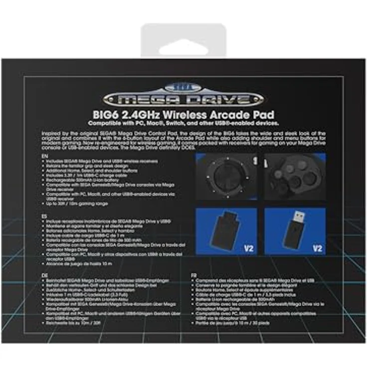 Retro-Bit BIG6, 2.4 GHz SEGA Mega Drive Wireless Arcade Controller Pad, kompatibel mit SEGA Mega Drive Original/Mini, Switch, PC & Mac, schwarz, wiederaufladbarer 500mAh Akku – Bild 4