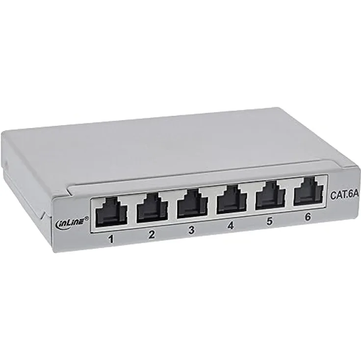 InLine® Patchfeld Cat.6A 0,5HE 6-Fach, für Tisch/Wand/Hutschiene, mit Staubschutz, grau