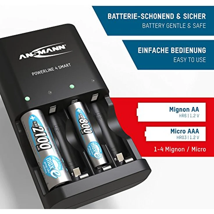 ANSMANN Akku Ladegerät „Powerline 4 Smart“ für 1-4 AA und AAA Akkus inklusive 4X Ansmann NiMH AA 2850 Akkus - Batterieladegerät für NiMH und NiCd Akkus mit Einzelschachtüberwachung, Schwarz – Bild 3