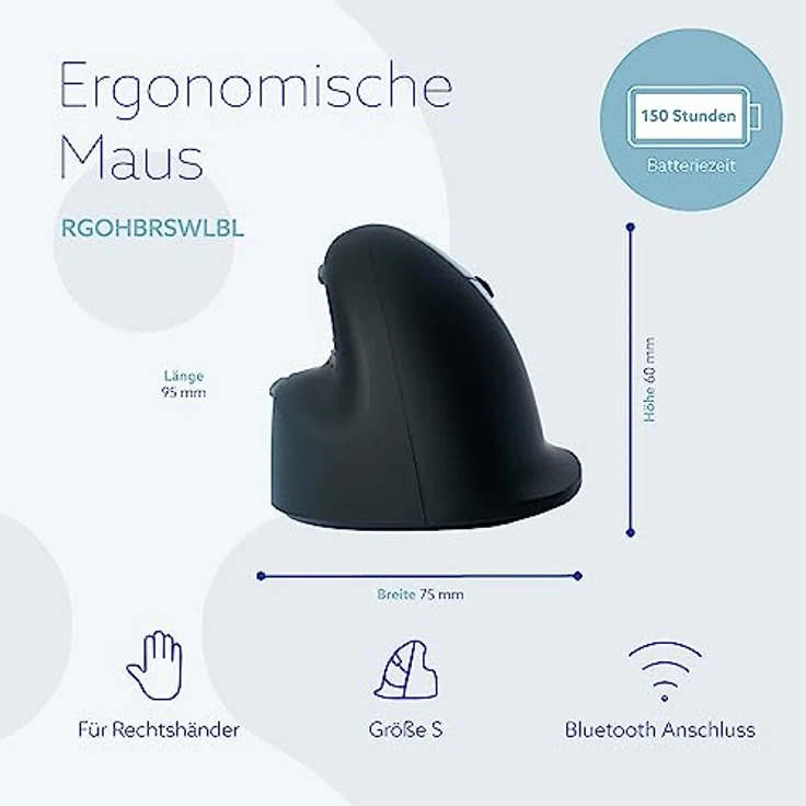 R-Go HE Break Ergonomische Maus, Für kleine hände, Mit Anti-RSI-Software, Silent Mäuse, Bluetooth 5.0, Vorbeugung Mausarm/Tennisarm, Vertikale Ergo Maus für Windows/Mac/Linux, 5 Tasten, Schwarz – Bild 3