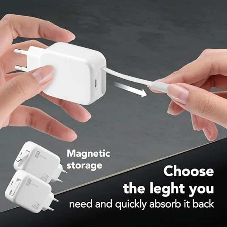 Cellularline 30W-Wandladegerät mit 90 cm einziehbarem USB-C-Kabel, GaN-Technologie, Doppeltem USB-C Power Delivery-Anschluss, kompakt für Smartphones und Tablets, Weiß – Bild 5