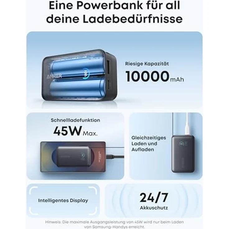 Anker Nano Powerbank 10.000mAh, Externer Akku mit 70cm Einzugskabel, 45W Max, Smart-Display, für iPhone 16 Serie, iPad, Galaxy, Pixel und mehr, Reisefreundlich – Bild 3