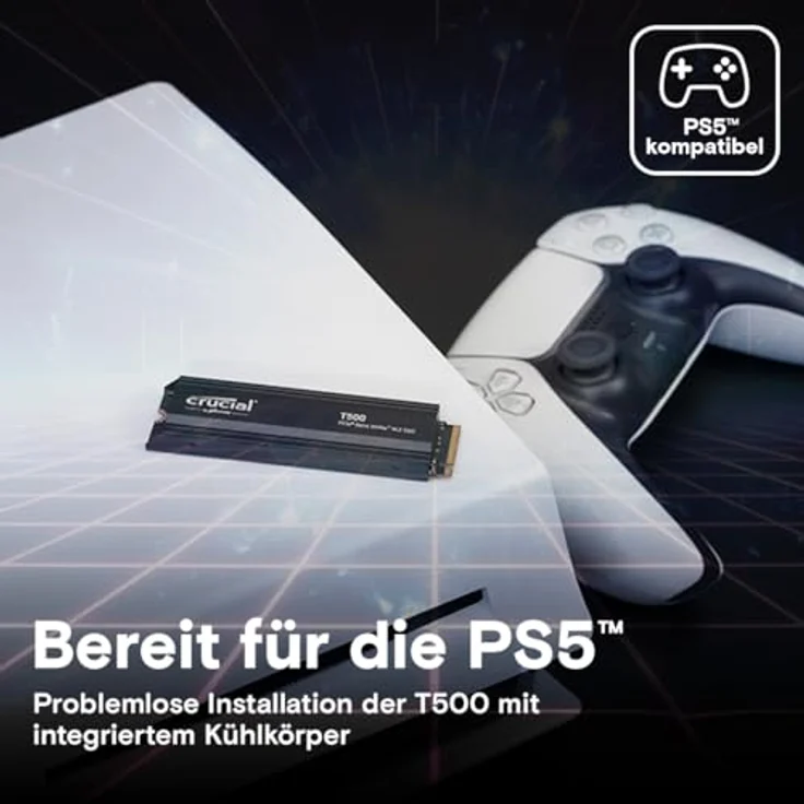 Crucial T500 SSD 4TB PCIe Gen4 NVMe M.2 Interne PS5 SSD Festplatte mit Kühlkörper, bis 7000MB/s, Microsoft DirectStorage - CT4000T500SSD5, Laptop und Desktop kompatibel, Crucial – Bild 3