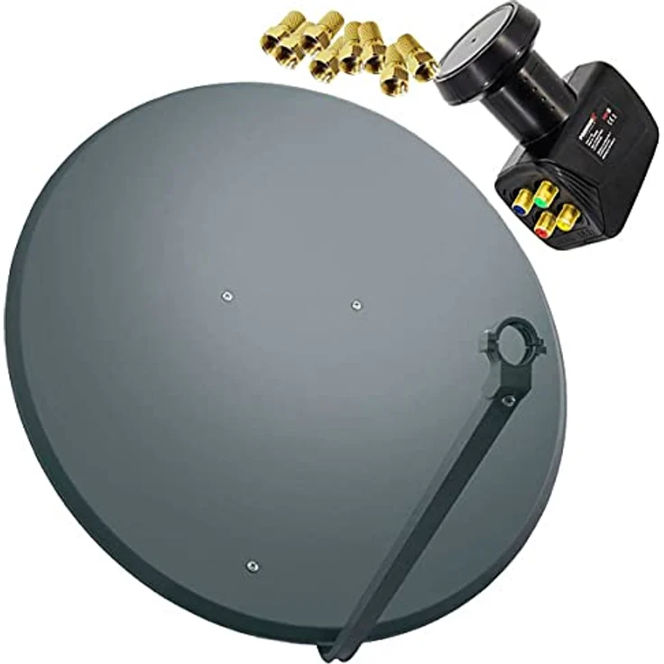 Premium X PXS100 Satelliten-Komplettanlage, 100 cm Anthrazit Satellitenschüssel mit Quad LNB für bis zu 4 Teilnehmer, wasserdicht und UV-beständig, unterstützt 4K UHD und HD TV – Bild 1