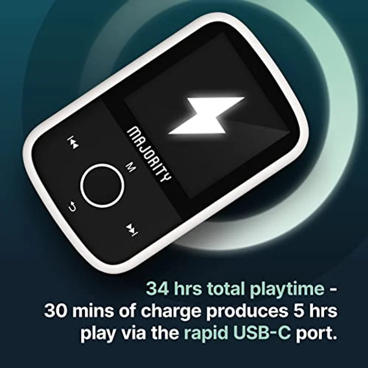 Bluetooth MP3 Player mit Sport-Clip für Kinder | Kopfhörer Inklusive | 16GB Interner Speicher, Erweiterbar auf bis zu 128GB | 34 Stunden Akkulaufzeit, 33g Gewicht | USB-Laden | MAJORITY MP3-Player – Bild 3
