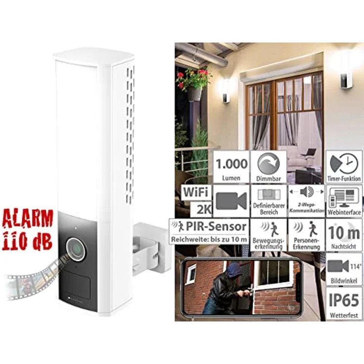 VisorTech Lampe mit Kamera: LED-Außenwandleuchte & WLAN-2K-Kamera, PIR, Nachtsicht, Sirene, weiß (2K Überwachungskamera) – Bild 3