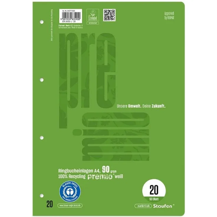 Staufen Aktenordner Staufen 'Premio' Ringbucheinlage DIN A4, hochweißes Recyclingpapier, 90 g/m², Blauer Engel