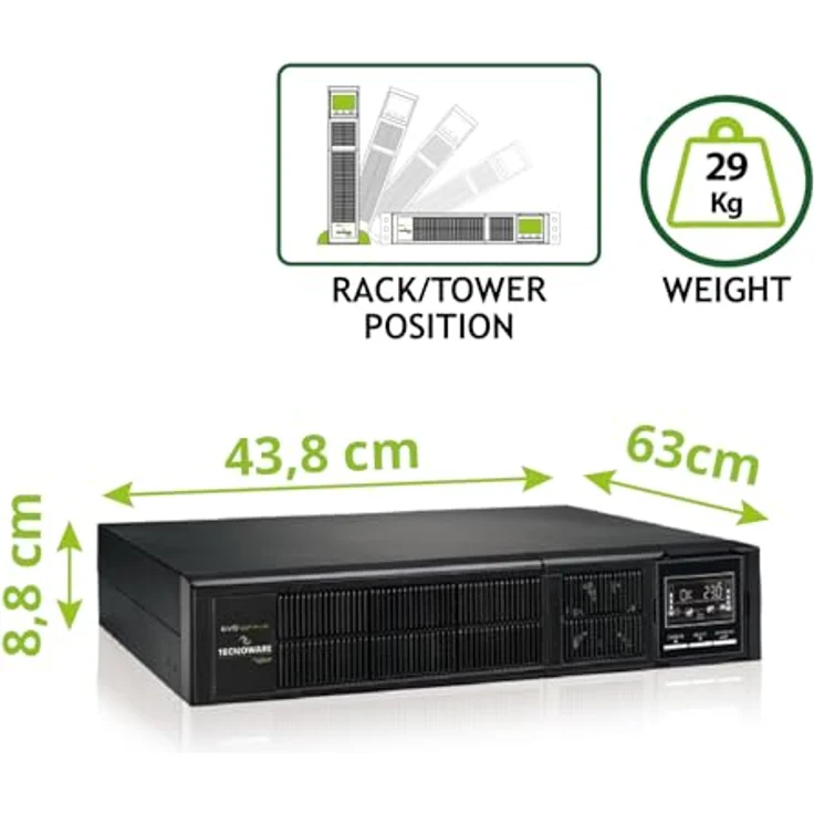 Tecnoware USV EVO DSP PLUS 3600 Unterbrechungsfreie Stromversorgung - Online-Technologie, Installation Tower - 8 IEC-Ausgänge - Autonomie bis zu 40 min - Leistung 3600 VA, Schwarz – Bild 3