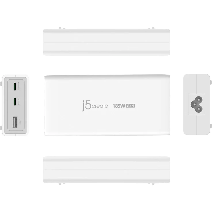 j5Create JUP37185W-EN, 185W GaN PD3.1 USB-C 3-Port Ladegerät mit Überspannungs- und Überhitzungsschutz, Weiss