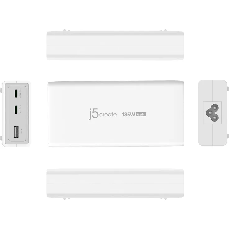 j5Create JUP37185W-EN, 185W GaN PD3.1 USB-C 3-Port Ladegerät mit Überspannungs- und Überhitzungsschutz, Weiss