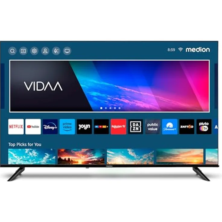 MEDION X15517 (MD 31642) 138,8 cm (55 Zoll) Fernseher (Smart-TV, 4K Ultra HD, HDR, VIDAA Store, Netflix, Prime Video, Disney+, DAZN, Paramount+, HbbTV, PVR, Bluetooth) in elegantem Schwarz
