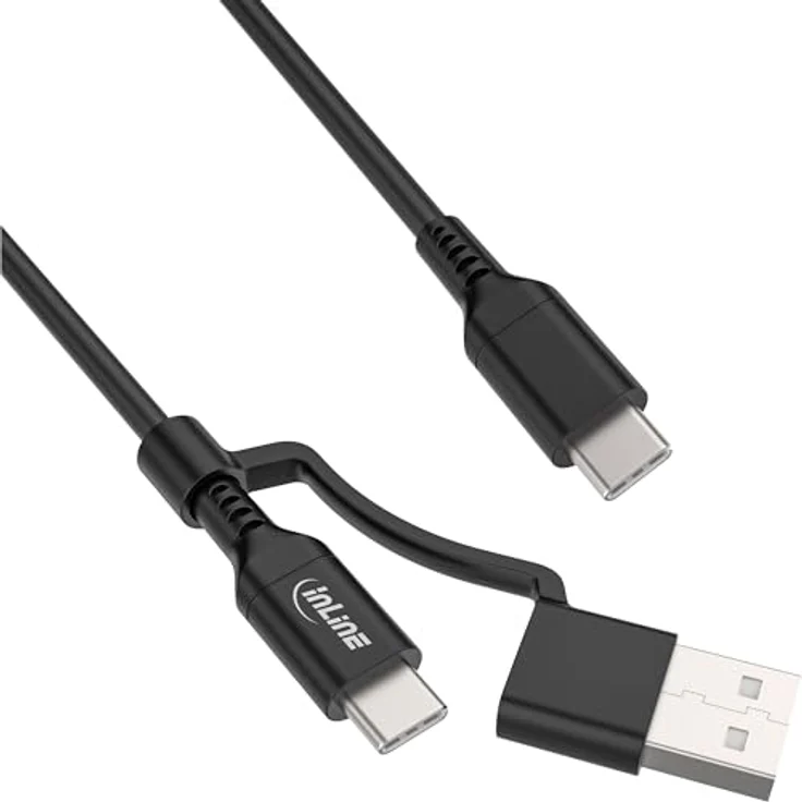 InLine 2-in-1 USB-C Kabel mit USB-A Adapter, Schnellladekabel bis 100W, USB 2.0 Datenkabel, Flexibles TPE-Material, schwarz, 1m – Bild 1