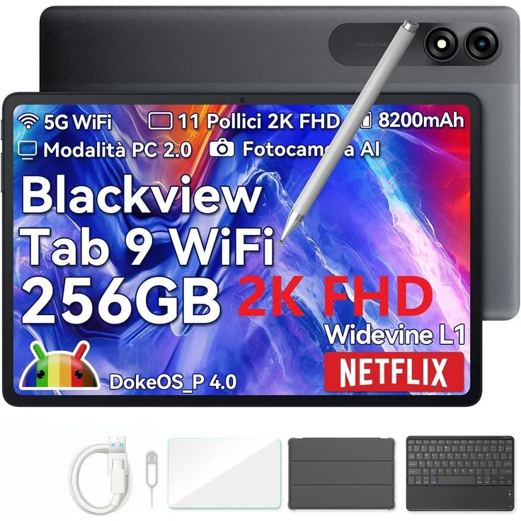 Blackview Tab9 WiFi, 11" FHD+ Tablet mit Stift, Hülle, Tastatur, Android 14, 18GB RAM, 256GB (erweiterbar auf 2TB), Octa-Core T606, 13MP+5MP Kamera, 8200mAh Akku