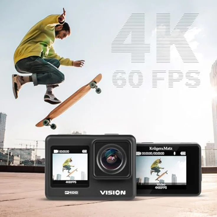 Kruger&Matz Vision P400, 4K Sportkamera mit 60 FPS, 2" Display, 170° Weitwinkel, Wi-Fi, Mikrofon, wasserdichtes Gehäuse, 4GB RAM – Bild 2